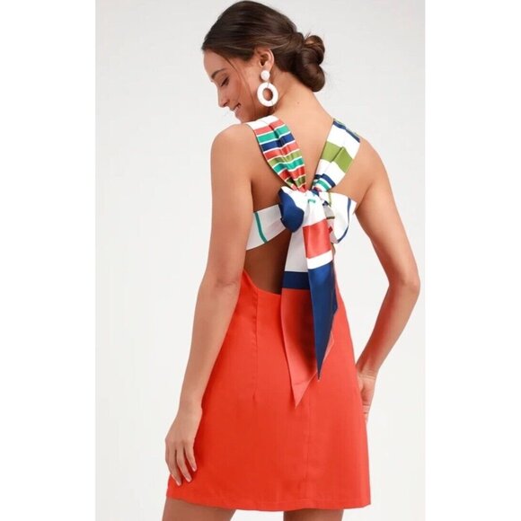 Lulu's Joyful Red Orange Multi Stripe Tie-Back Mini Dress Size Small - Picture 1 of 7